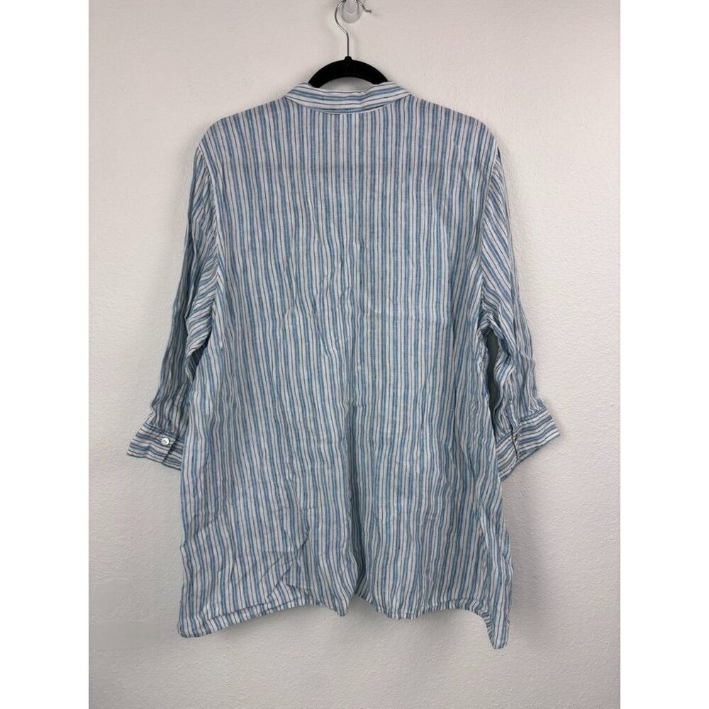 J. Jill women's XL blue white striped love linen 3/4 sleeve collared tunic top - Picture 5 of 6